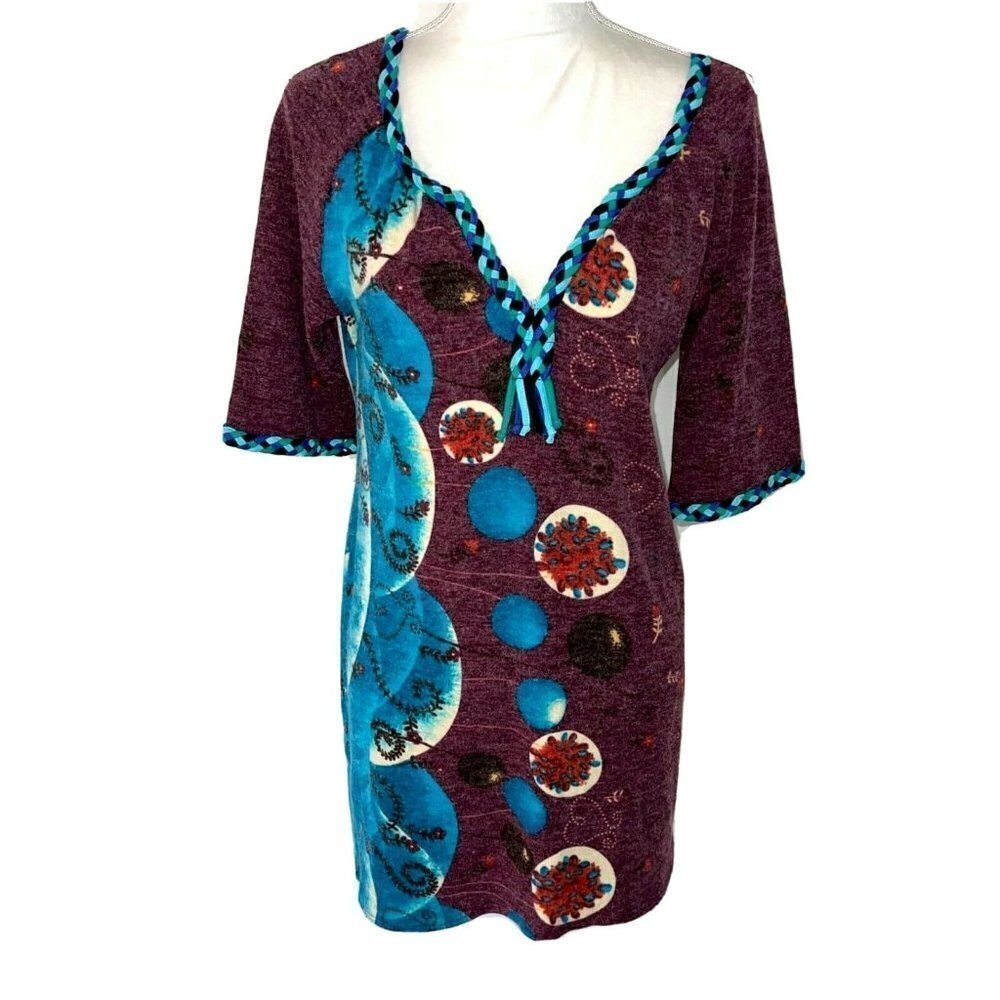 Custo Barcelona Tunic Dress Womens Medium M Braided Collar Trim Plum Teal
